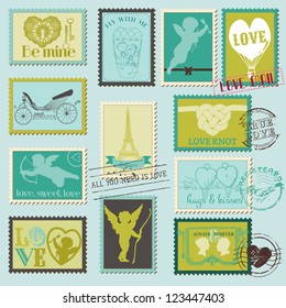 Vintage Love Valentine Stamps - for design, invitation, scrapbook - in vector