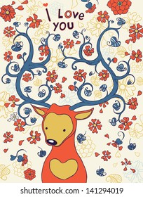 Vintage Love Yellow Doodle Deer Greeting Card. I Love You. Decorative  template design can be used for packaging,invitations, birthday decoration, bag template, print for mag cup or plate and etc.