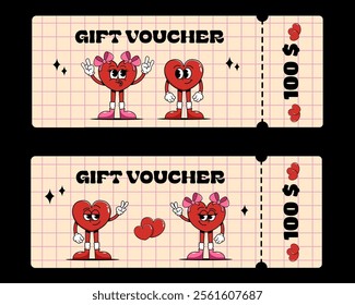 Vintage love,cute heart  gift voucher template. Two cute heart characters in retro style. Flat vector illustration, banner, horizontal flyer