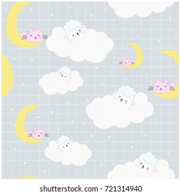 Vintage lovely cute day dream sheep lamb and cat kitten on the moon sweet pink,blue pastel character seamless pattern baby style background invitation card doodle comic cartoon art illustration vector