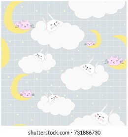 Vintage lovely cute day dream rabbit bunny sweet pink and blue pastel character seamless pattern baby style background invitation card doodle comic cartoon art illustration vector