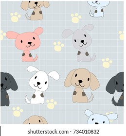 Vintage lovely cute dog puppy and paw sweet pink and blue pastel character seamless pattern baby style background invitation card doodle comic cartoon art illustration vector