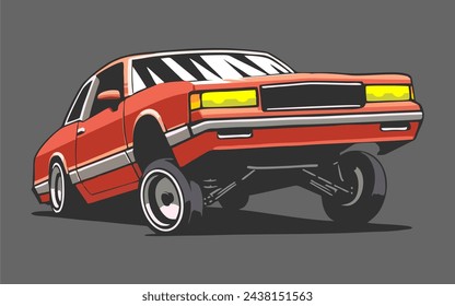 vintage lowrider car detailed image, Hydraulic Lowrider Car Jump and Hop Freestyle Cartoon Illustration Vector