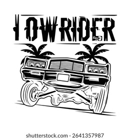 Vintage lowrider car silhouette with palm trees, classic automotive culture design.
