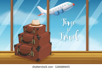 Vintage luggage at airport background illustration