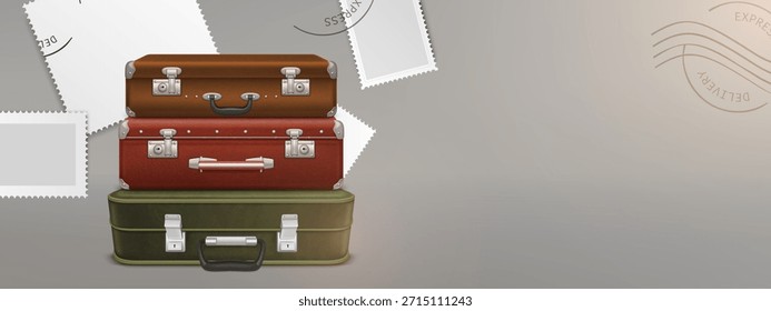 Pila de equipaje de Antiguas con maletas viejas realistas: bolso de piel marrón, estuche retro rojo y maletero de viaje verde. Cerraduras y manijas del metal, protectores de la esquina en la pila apilada del equipaje con los sellos de la postal