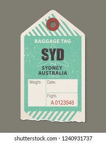 Vintage Luggage Tag, Retro Travel Label, Airline Baggage Tags. Check, Baggage Ticket For Passengers At Airport. Bus, Train, Airline Flight Trip. Sydney Australia Country Label. Vector Illustration.
