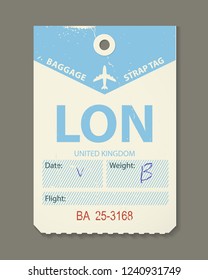 Vintage luggage tag, retro travel label, airline baggage tags. Check, baggage ticket for passengers at the airport. Bus, train, and airline flight trip. London, country label. Vector illustration.