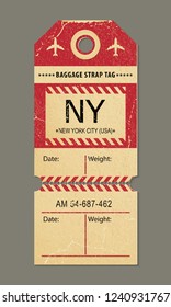 Vintage Luggage Tag, Retro Travel Label, Airline Baggage Tags. Check, Baggage Ticket For Passengers At Airport. Bus, Train, Airline Flight Trip. New York City, Country Label. Vector Illustration.