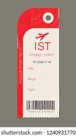 Vintage luggage tag, retro travel label, airline baggage tags. Check, baggage ticket for passengers at the airport. Bus, train, airline flight trip. Istanbul turkey country label. Vector illustration.