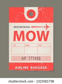 Vintage luggage tag, retro travel label, airline baggage tags. Check, baggage ticket for passengers at the airport. Bus, train, airline flight trip. Moscow russia country label. Vector illustration.
