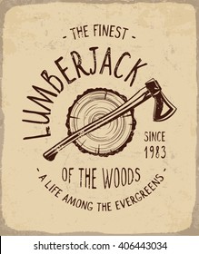 Vintage lumberjack badge with axe and tree ring illustration on distressed paper background, ideal for outdoor branding, t shirt prints, posters and rustic labels.