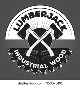 Vintage lumberjack label, emblem and design elements. Two axes with text. Forestry logo label for different projects, cards, invitations.