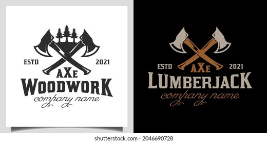 vintage lumberjack logo with silhouette Cross Axe in forest, Crossed Firefighter wooden axes logo design