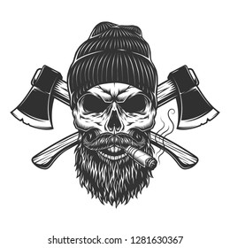 Vintage lumberjack skull in beanie hat smoking cigar with crossed axes isolated vector illustration