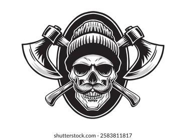 Vintage lumberjack skull in hat with crossed axes, isolated vector illustration