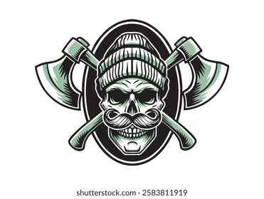 Vintage lumberjack skull in hat with crossed axes, vector illustration