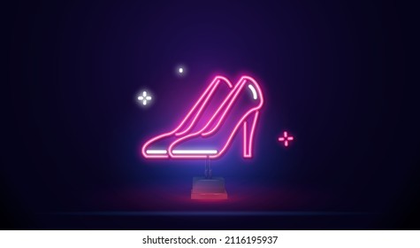 Vintage Luminous sign with pink high-heeled shoes on a stand, Shopping concept. Boutique, Shiny Neon Poster, Flyer, Banner, Invitation Card. Vector 3d illustration. Clipping Mask