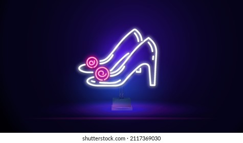 Vintage Luminous sign with white high-heeled shoes, Shopping concept. Boutique, Stripper, Black Friday Template. Shiny Neon Poster, Leaflet, Banner, Invitation Card. Vector illustration.