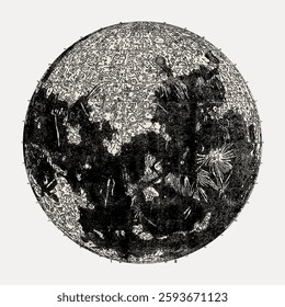 Vintage lunar map illustration showing detailed moon surface. Intricate lunar features and textures in black and white. Artistic lunar depiction in classic style. Vintage art illustration, vector.