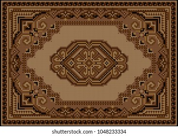 Vintage luxurious carpet in brown and beige shades with a pattern on a yellow beige field in the center

