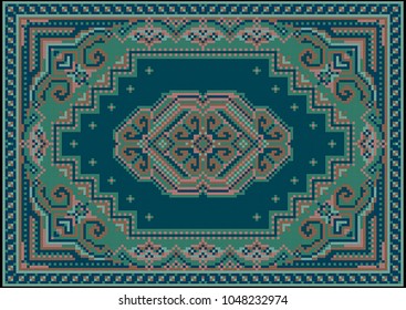 Vintage luxurious carpet in green and blue shades with a pattern on a blue field in the center