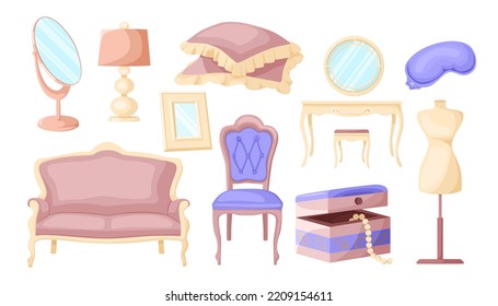 Vintage luxurious furniture vector illustrations set. Collection of furniture for princess or royal room interior, couch, dressing table isolated on white background. Furniture, luxury concept