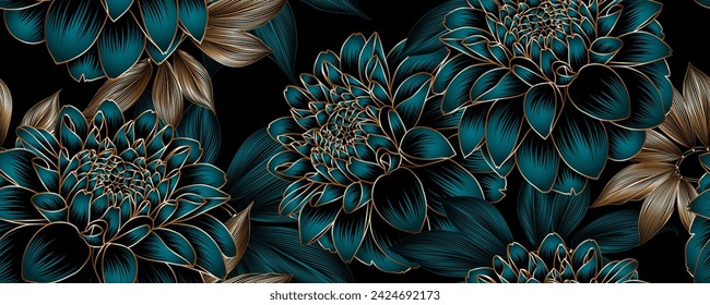 Vintage luxurious seamless pattern with golden flowers dahlia and leaves.