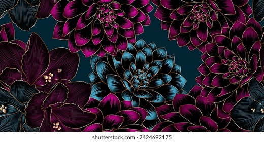 Vintage luxurious seamless pattern with golden flowers dahlia and leaves.