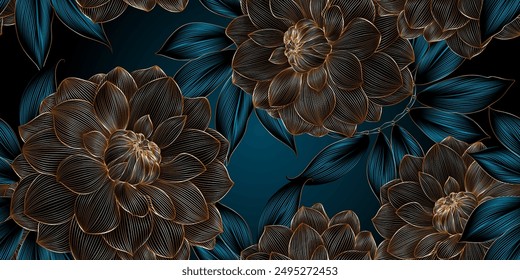 Vintage luxurious seamless pattern with golden flowers dahlia.