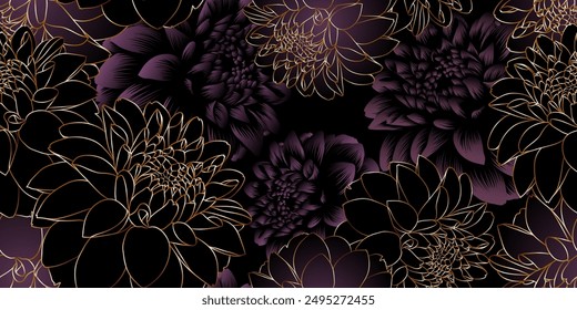 Vintage luxurious seamless pattern with golden flowers dahlia.