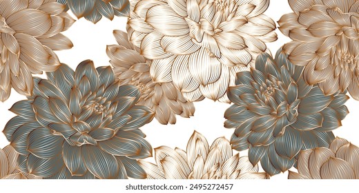 Vintage luxurious seamless pattern with golden flowers dahlia.