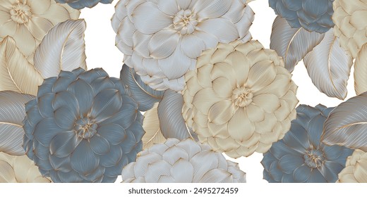 Vintage luxurious seamless pattern with golden flowers dahlia.