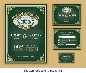 Vintage luxurious wedding invitation on chalkboard background. Include Invitation, RSVP card, Save the date, Thank you card. Vector illustration