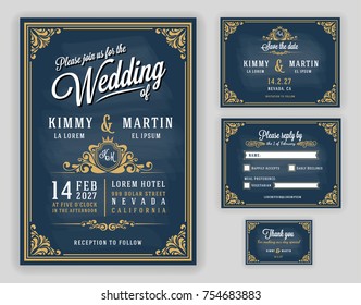 Vintage luxurious wedding invitation on chalkboard background. Include Invitation, RSVP card, Save the date, Thank you card. Vector illustration