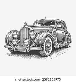 Vintage luxury car illustration in black and white, featuring classic headlights, elegant curves, and intricate details. A hand-drawn automotive sketch in retro style.