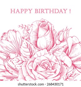 Vintage luxury card with detailed hand drawn flowers - blooming rose. Vector. Easy to edit. Isolated on white background.