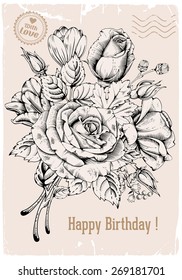 Vintage luxury card with detailed hand drawn flowers - blooming rose. Vector. Easy to edit.