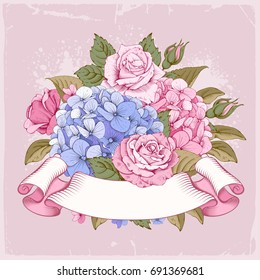 Vintage luxury card with detailed hand drawn flowers - blooming hydrangea, rose and retro styled twisted ribbon with space for your text. Vector. 