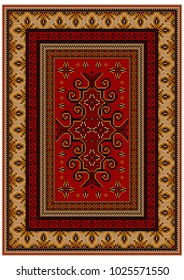 Vintage luxury carpet with yellow edges and ethnic patterns on a red field in the center