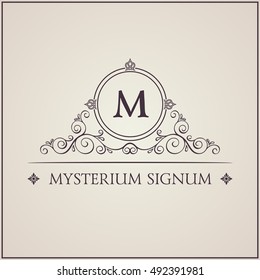 Vintage luxury crest emblem. Elegant Calligraphic pattern on vector logo. Black and white monogram M