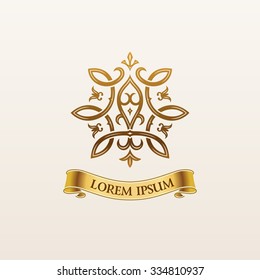 Vintage luxury crest logo gold emblem. Elegant Calligraphic decor on vector logo with ribbon