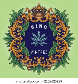 Vintage luxury crown frame with cannabis leaf ornate vector illustrations for your work logo, merchandise t-shirt, stickers and label designs, poster, greeting cards advertising business company