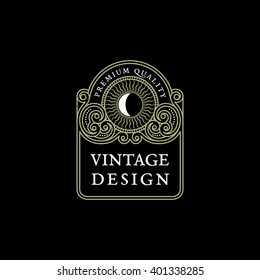 Vintage luxury elegant ornament label template with sun in trendy linear style. Vector illustration.