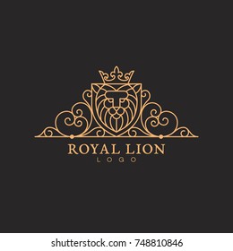 Vintage luxury elegant ornament label template with a lion head in trendy linear style. Vector illustration.