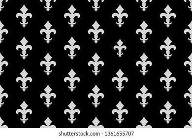 Vintage luxury Fleur-de-lis seamless royal background. France historic  ornamental pattern with heraldic symbol fleur-de-lis. Black and white style immaculate virgin symbolics. Vector illustration