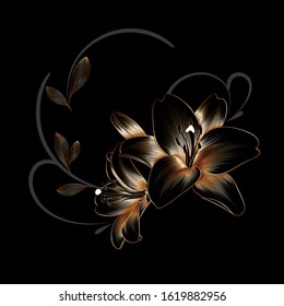 Vintage luxury  floral background with golden lilies flowers. Romantic pattern template for wall decor, wallpaper, wedding invitations, ceremonies, cards.