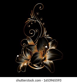 Vintage luxury floral background with golden lilies flowers. Romantic pattern template for wall decor, wallpaper, wedding invitations, ceremonies, cards.Delicate floral pattern with curls.