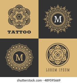 Vintage luxury floral sign and frame for tattoo, monogram, logo and decorative design element. Vector illustration