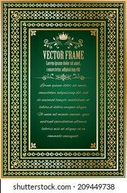 Vintage luxury frame with sample text, divider and calligraphic elements. In gold color isolated on dark green. Could be used for invitation, certificate, diploma or announcements. Vector illustration